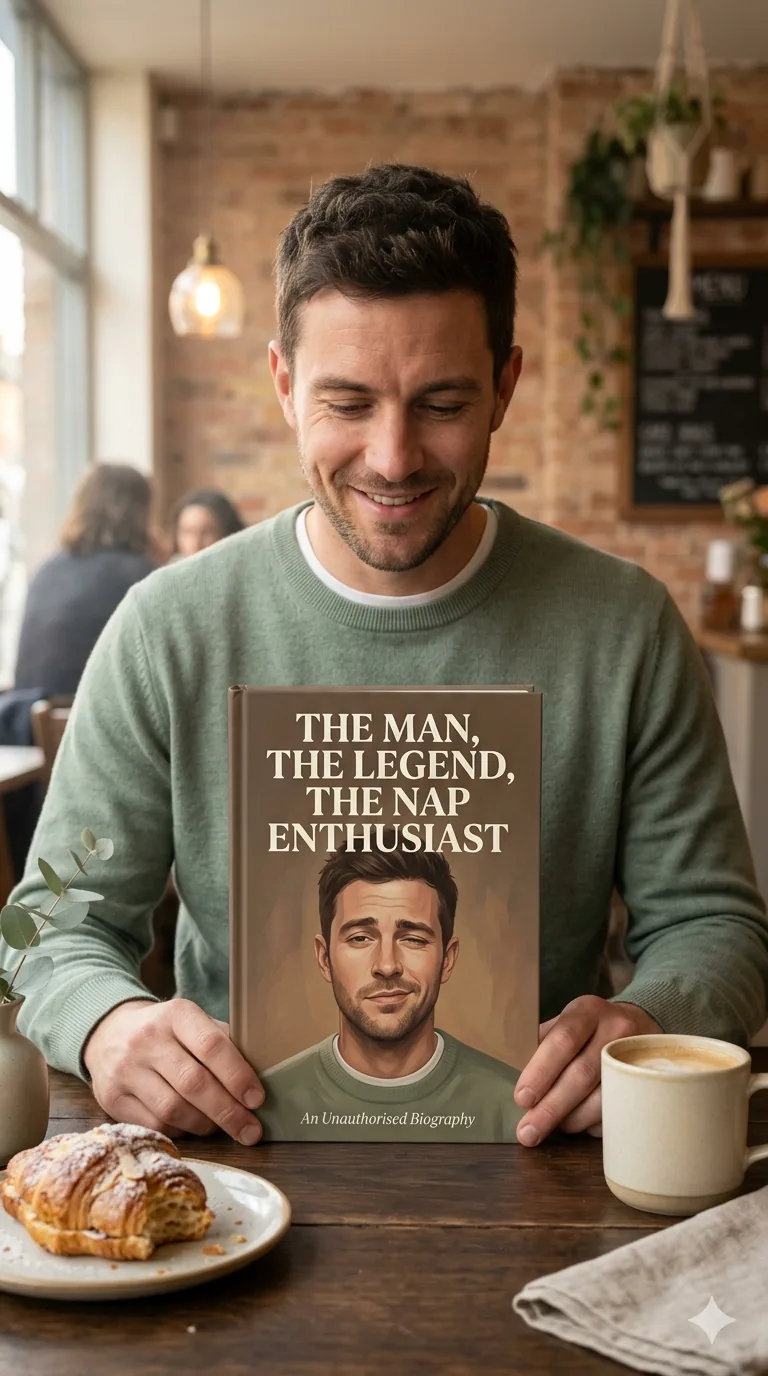 Adult reading a printed personalised GiftBookStory book in a cafe