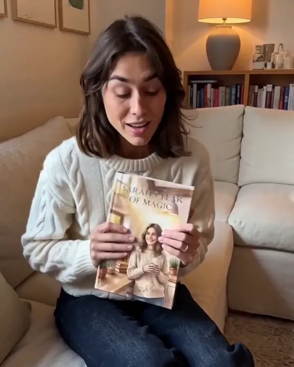 Woman holding a personalised printed book with her portrait on the cover