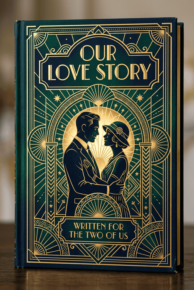 Personalised anniversary gift book cover titled "Our Love Story" — an art-deco illustration with gold linework, a silhouetted couple, and a deep emerald background