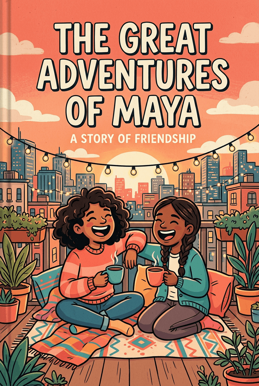 Personalised best friend gift book titled "The Great Adventures of Maya" — a warm illustration of two friends laughing over coffee on a sunlit rooftop