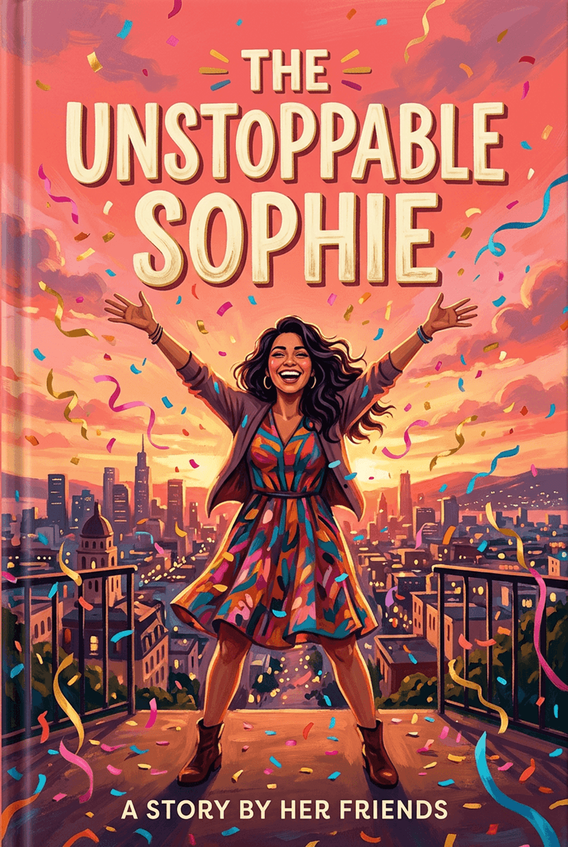 Personalised birthday gift book for her titled "The Unstoppable Sophie" — a joyful illustration of a woman with arms outstretched as confetti falls, city skyline behind