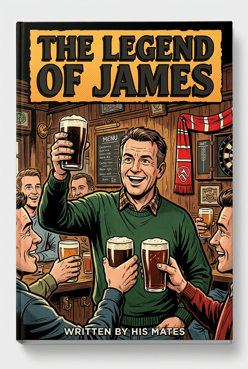 Personalised birthday gift book for him titled "The Legend of James" — a comic-book-ink illustration of a man raising a pint in a British pub surrounded by friends