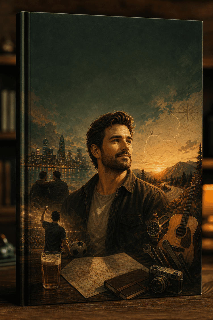Personalised gift for him book cover — premium illustrated cover with a warm heroic male figure, city lights, road-trip motifs and deep forest green styling