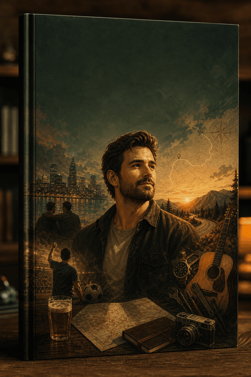 Personalised gift for him book cover — premium illustrated cover with a warm heroic male figure, city lights, road-trip motifs and deep forest green styling
