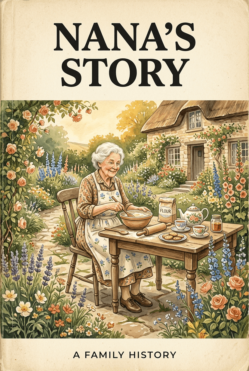 Personalised gift book for grandma titled "Nana's Story" — a vintage-paperback illustration of a grandmother baking in a sunlit cottage garden