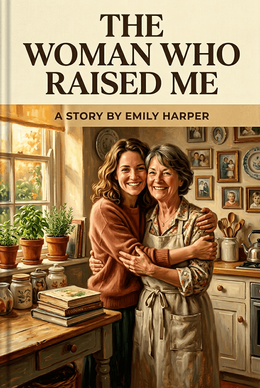 Personalised Mother's Day book cover titled "The Woman Who Raised Me" — a warm illustrated scene of a grown daughter hugging her mother in a sunlit kitchen