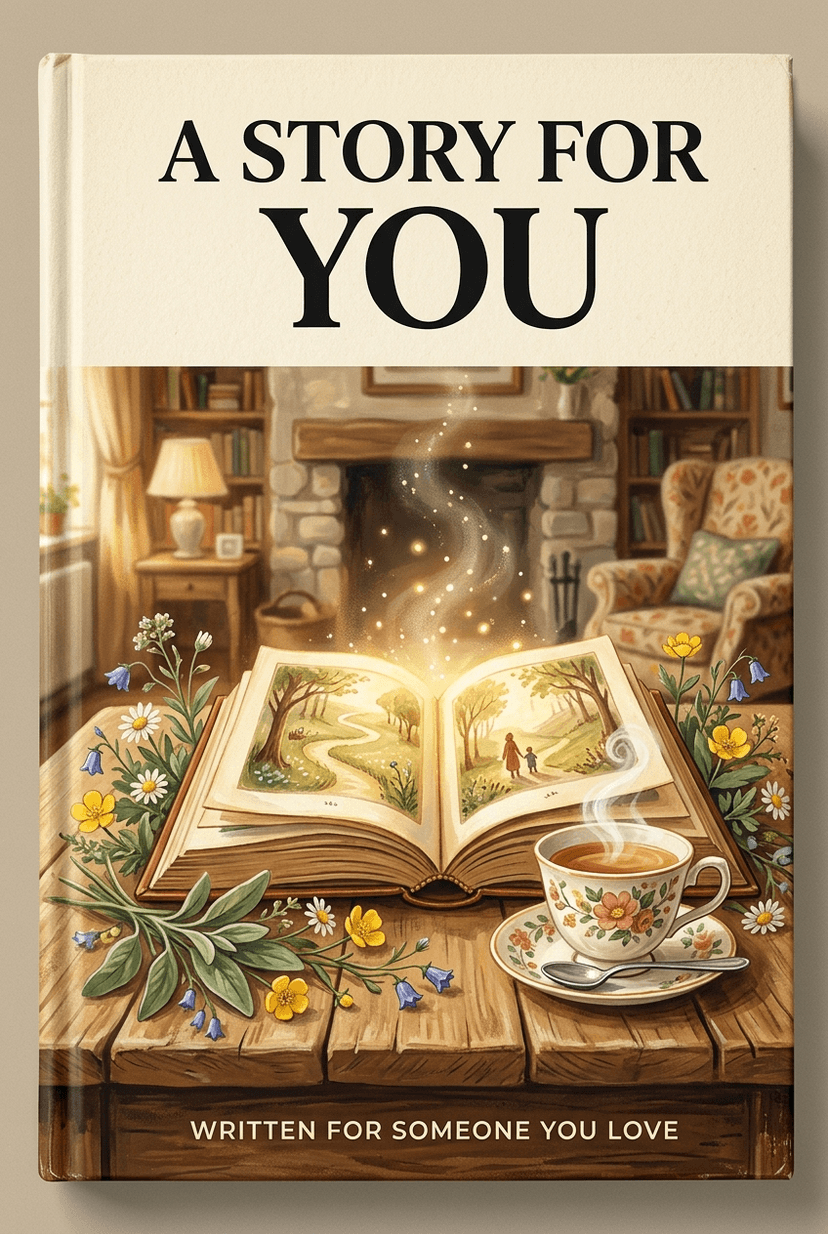 Personalised story book cover — an open hardback book glowing with golden light on a wooden table, framed by wildflowers and a cup of tea, warm cream and sage palette