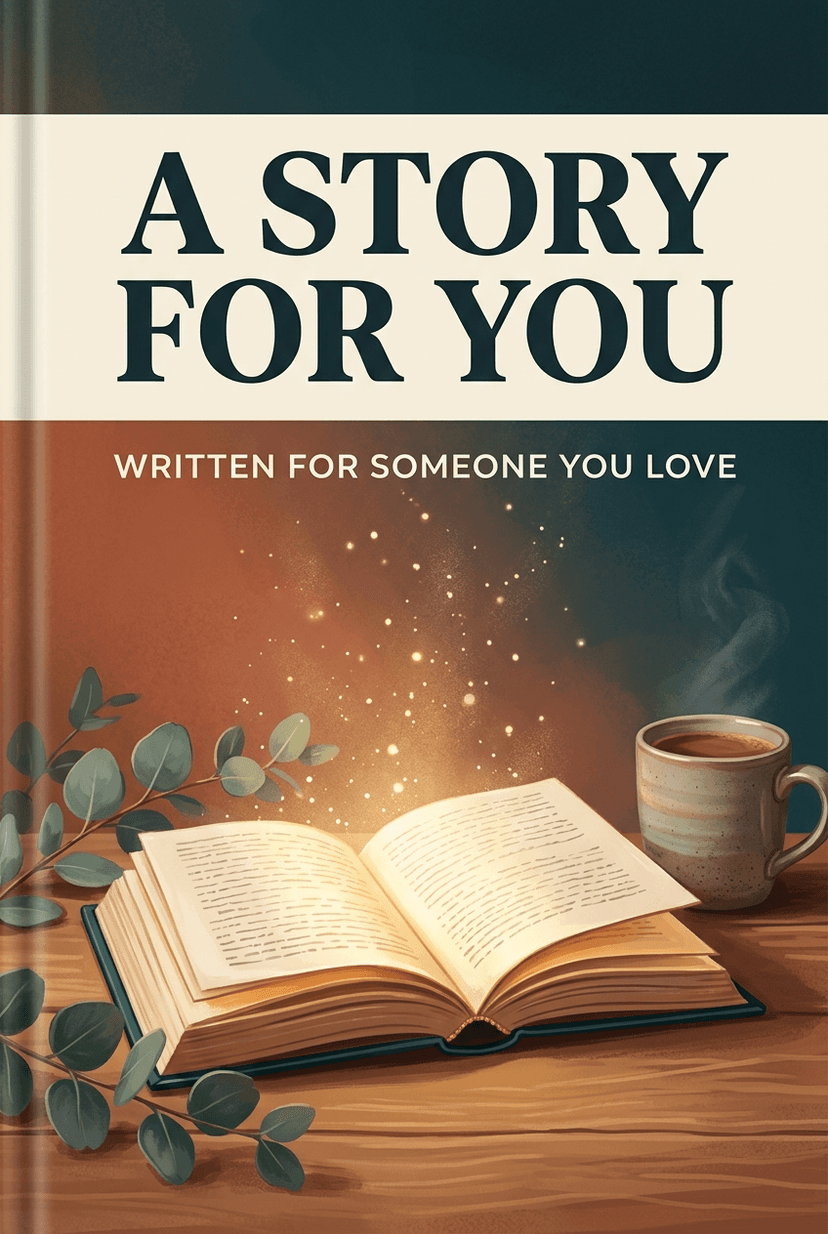 Personalized story book cover — an open hardback book glowing with golden light, framed by a eucalyptus sprig and a stoneware mug, warm ivory and terracotta palette