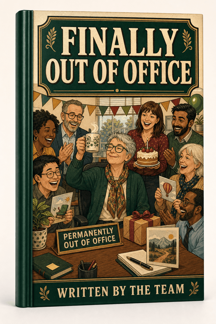 Personalised retirement book cover titled Finally Out of Office, showing a retiree celebrating with colleagues, cake and a mug of tea